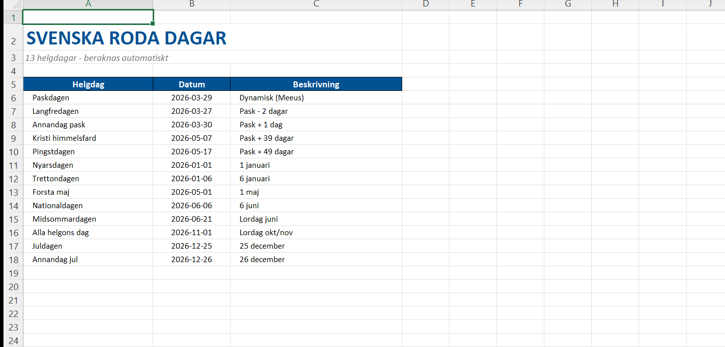 Tidrapport Excel svenska röda dagar