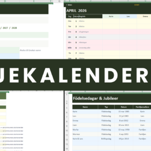 Familjekalender Excel 2026 2027 2028 med 6 familjemedlemmar