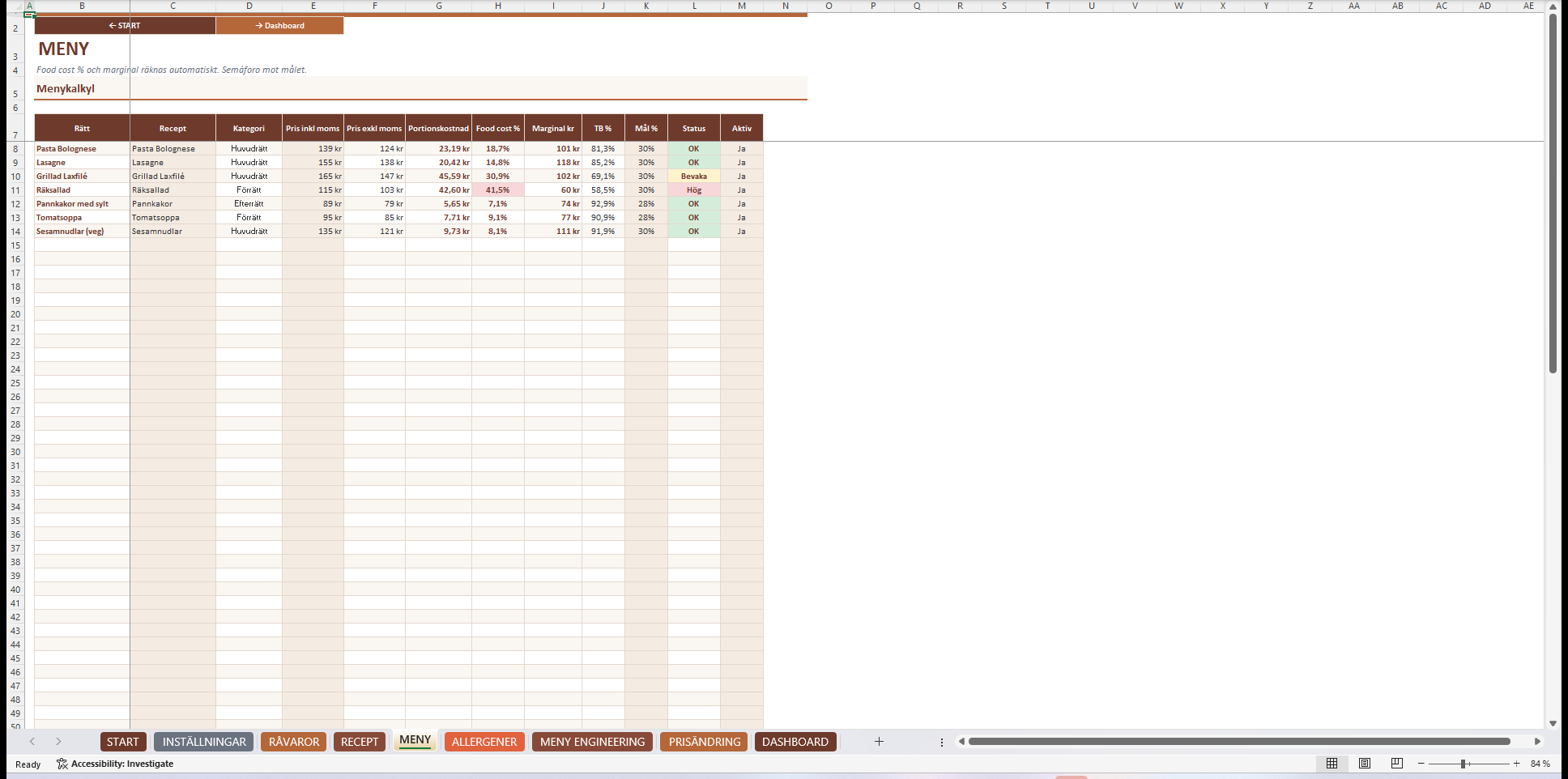Receptkalkyl Excel - meny med food cost och semáforo