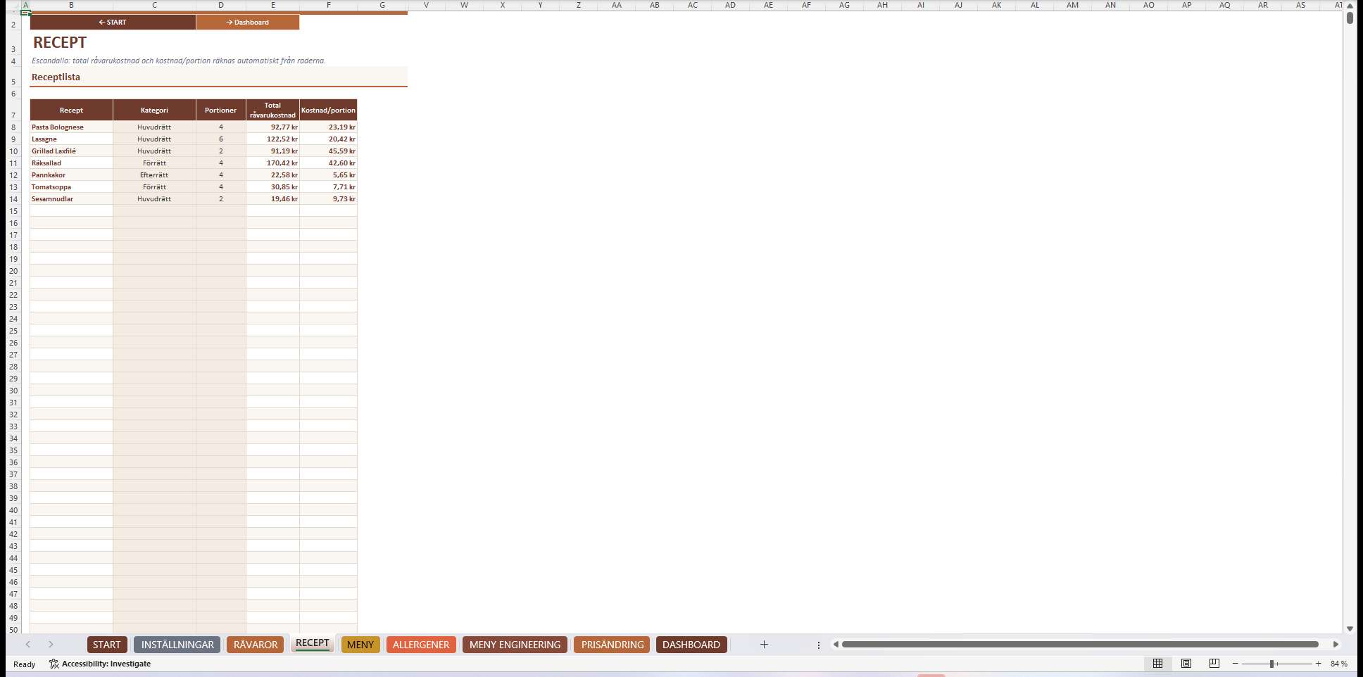 Receptkalkyl Excel - recept med kostnad per portion
