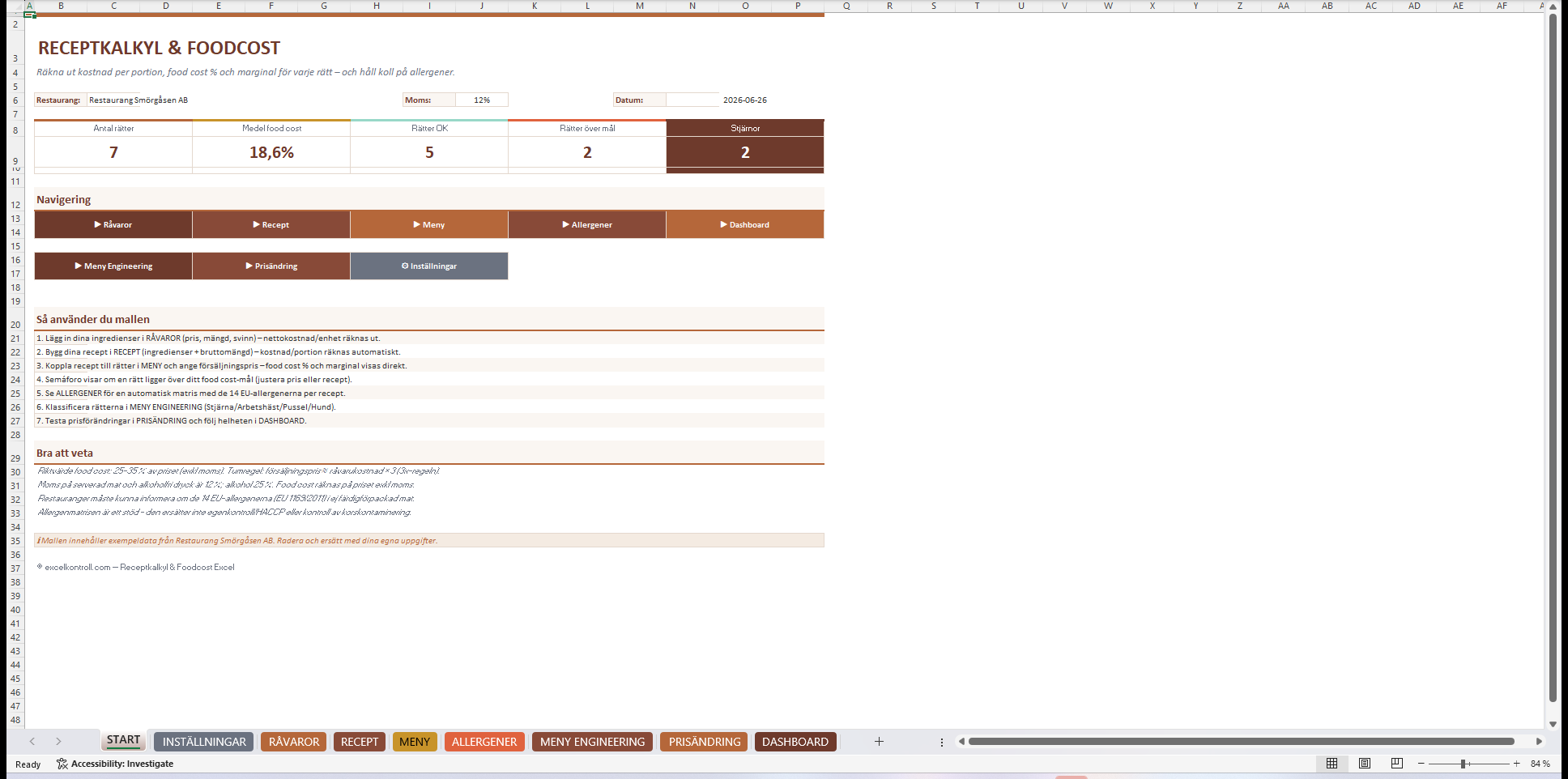 Receptkalkyl Excel - START med KPI och navigering
