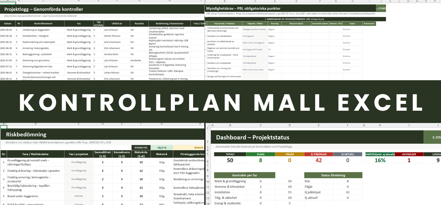 Kontrollplan Mall Excel – komplett kontrollplan för bygglov enligt PBL 2010:900